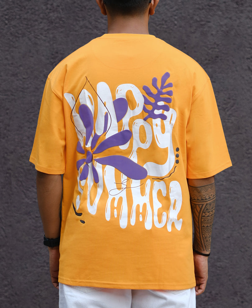 Mustard Structured Printed Oversized Half Sleeves T Shirt