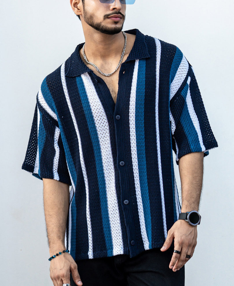 Multicolor Crochet Knit Striped Oversize Drop Shoulder Shirt