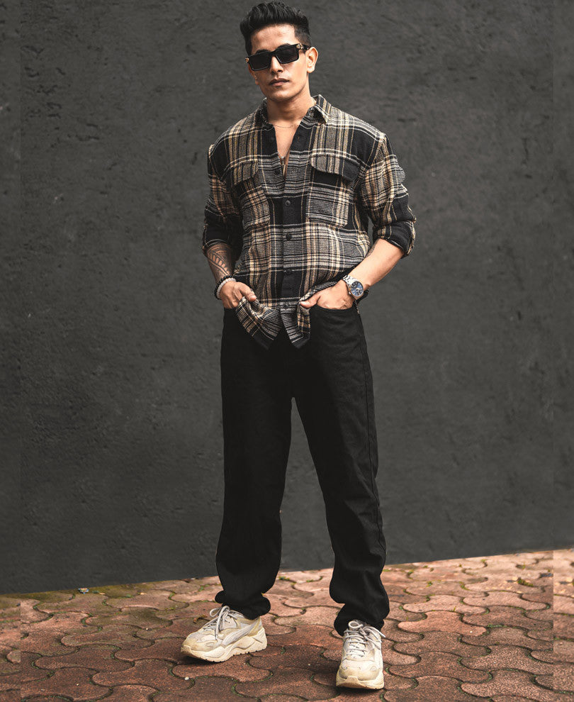 Black Structured Checks Shacket Oversized Shirt