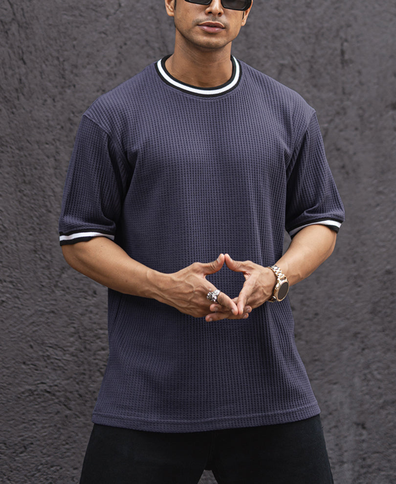 Navy Blue Structured Oversized Half Sleeves T Shirt