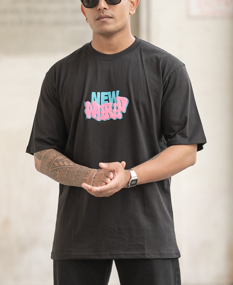 Black Exposed Printed Oversized T-Shirt