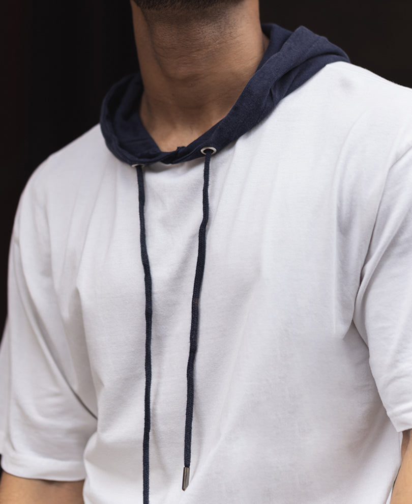 Off White and Navy Blue Oversized Half Sleeves Hoodie T Shirt