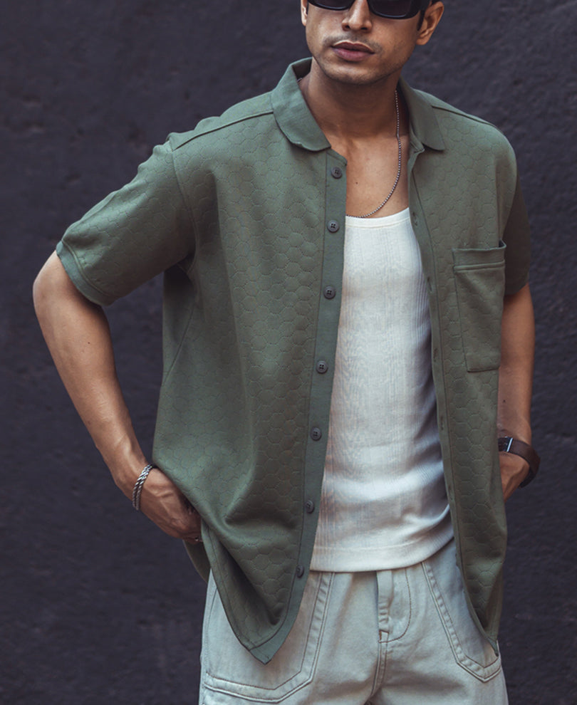 Olive Green Structured Regular Fit Half Sleeves Shirt