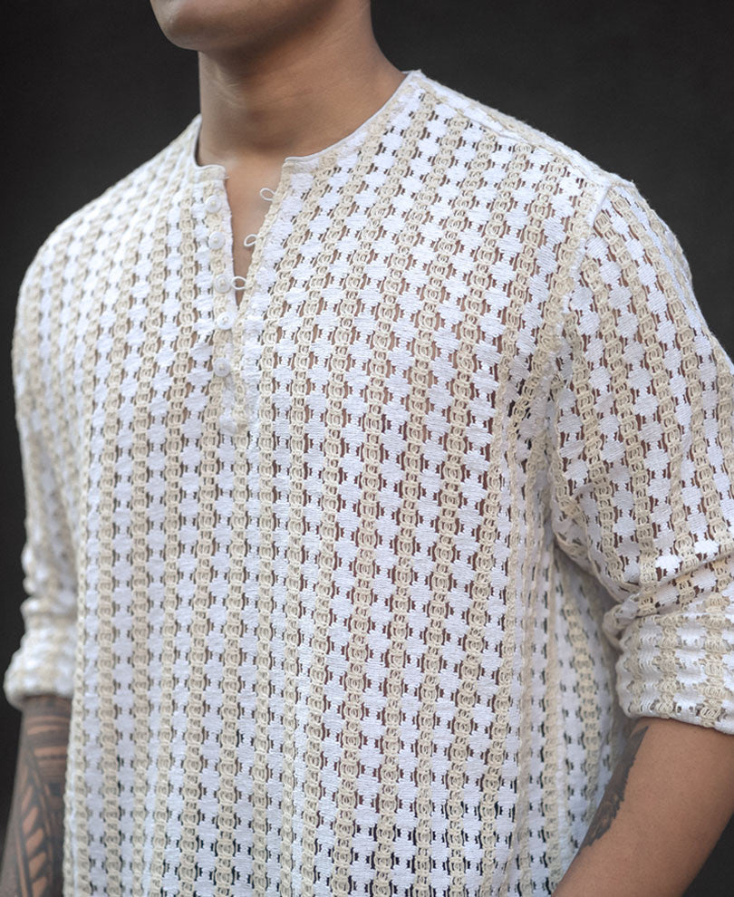 Off White and Cream Crochet Kurta Style Shirt