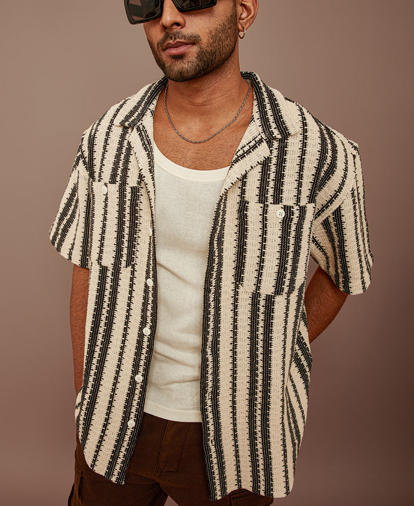 Black and Off White Crochet Striped Oversized Shirt