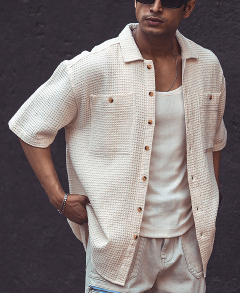 Off White Structured Oversized Half Sleeves Shirt