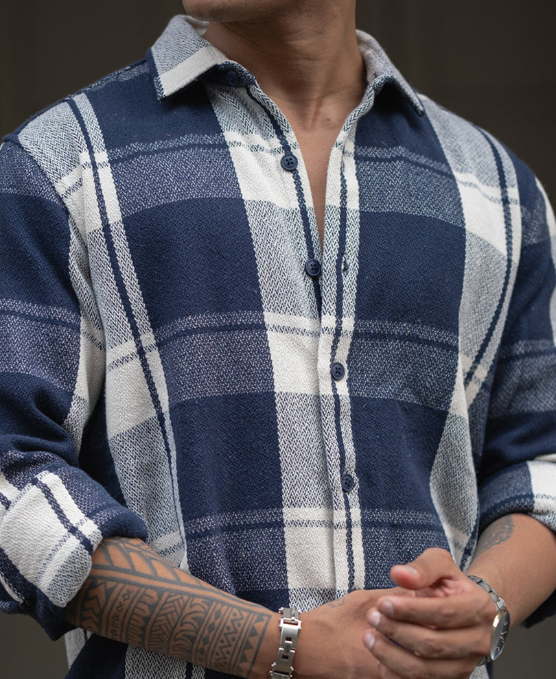 Navy Blue And White Checks Regular Fit Full Sleeves Shirt