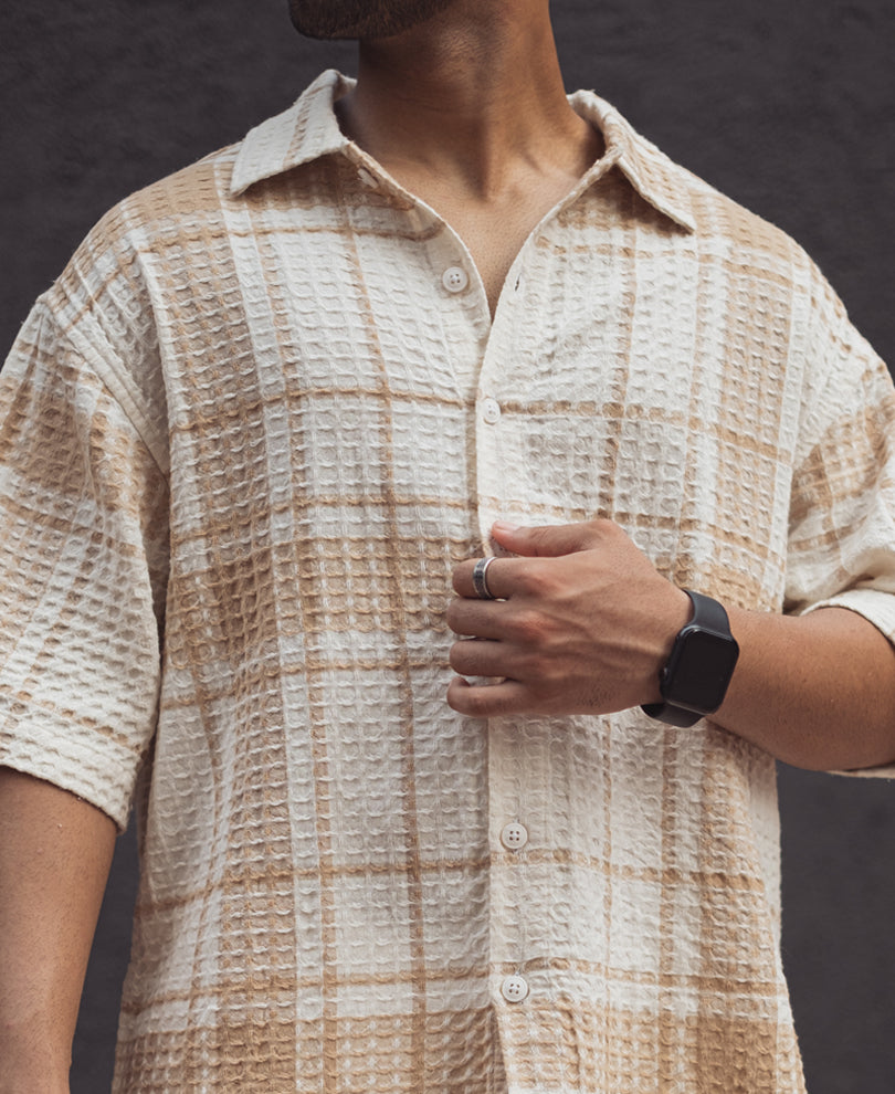 Beige and Off White Waffle Oversized Checks Half Sleeves Shirt