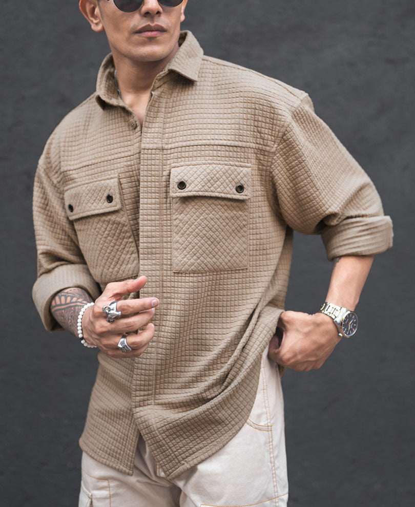 Camel Structured Double Pockets Shacket Oversized Shirt