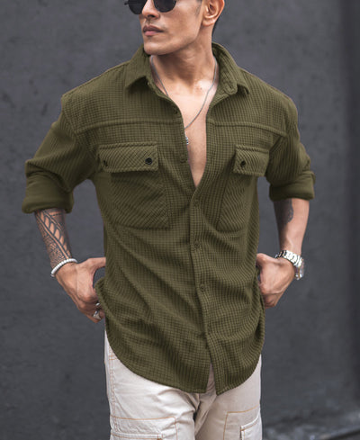 Olive Green Structured Knit Oversized Shirt