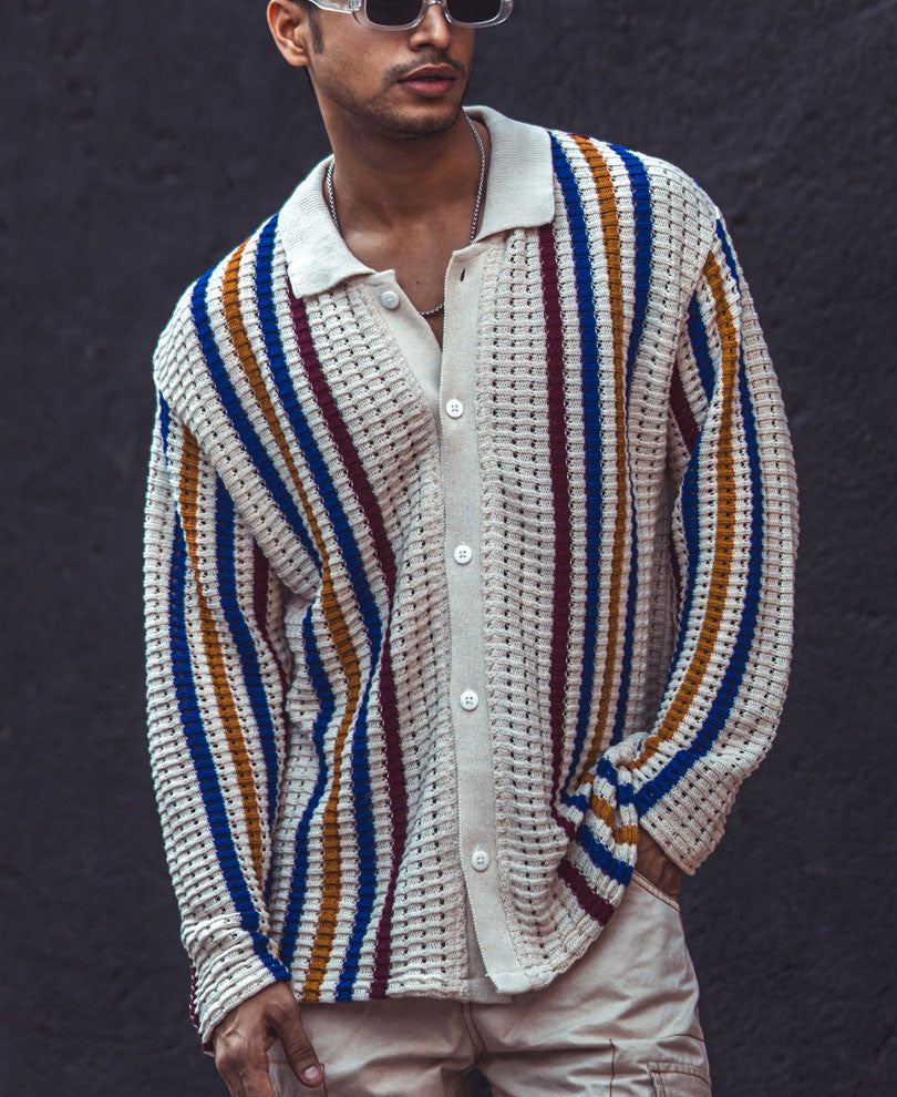 Multicolor Crochet Knit Striped Oversized Shirts