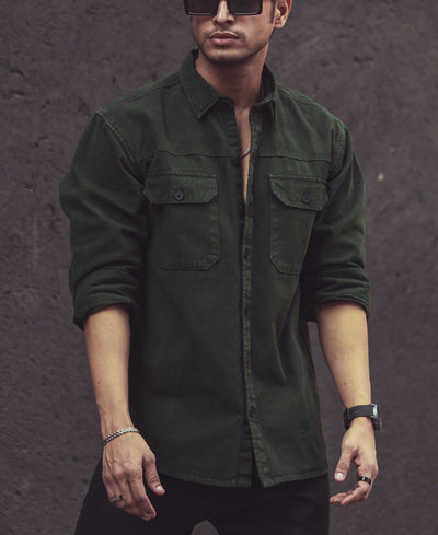 Dark Green Denim Shacket Full Sleeves Shirt