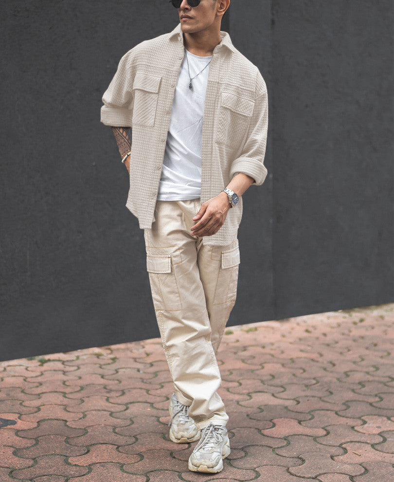 Cream Structured Knit Oversized Shirt