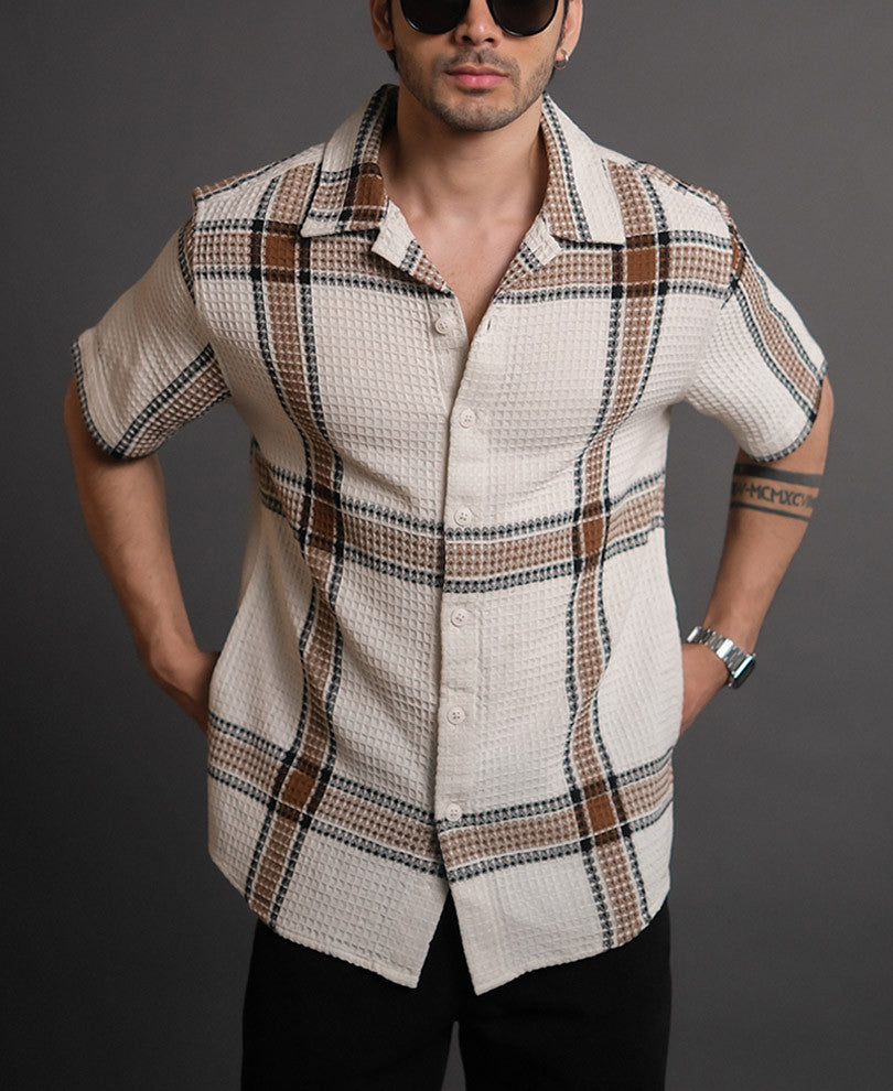 Off White and Brown Structured Checks Half Sleeves Shirt