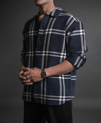 Blue and White Structured Checks Oversized Shirt