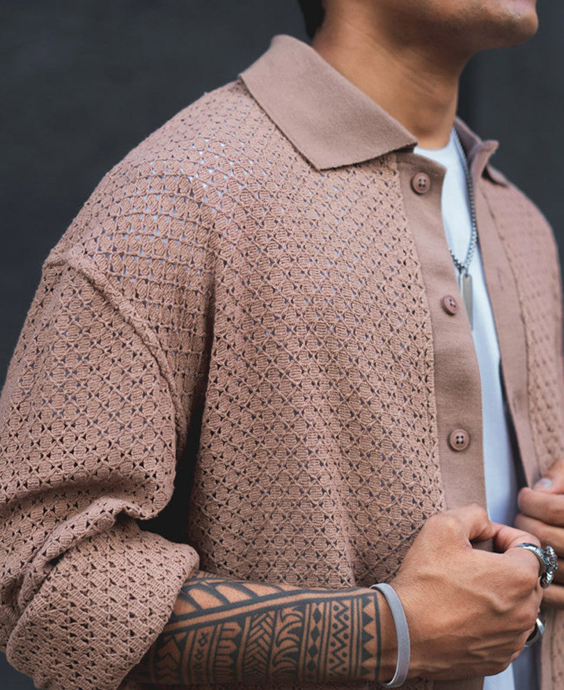 Brown Crochet Full Sleeves Oversized Shirt