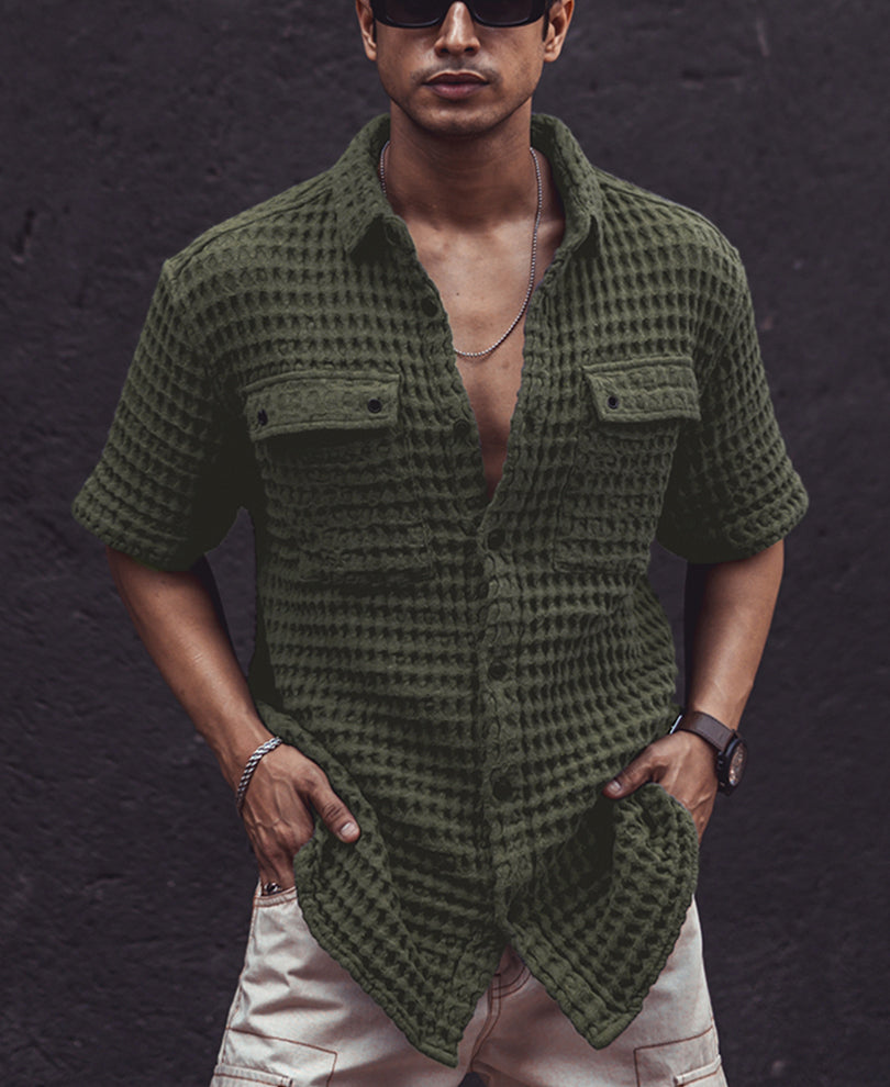 Olive Green Structured Puff Waffle Half Sleeves Shirt