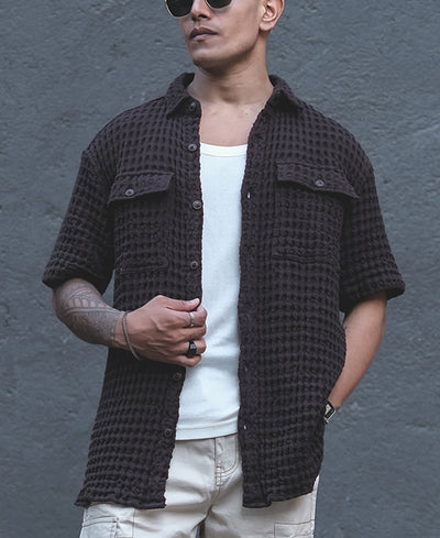 Dark Brown Structured Puff Waffle Half Sleeves Shirt