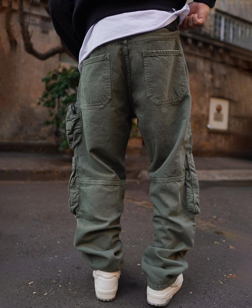 Dark Green Denim Cargo Pocket Baggy Fit Jeans
