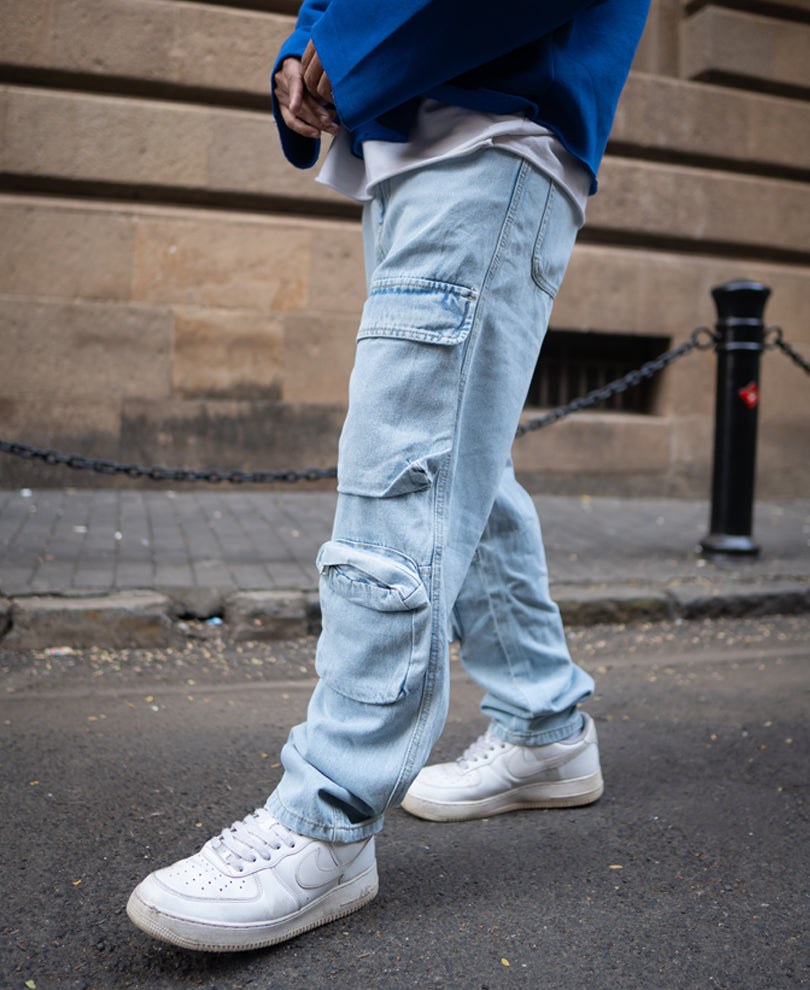 Ice Blue Baggy Fit Denim Jeans With Pockets