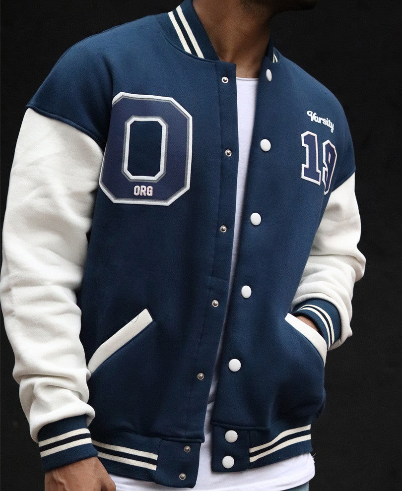 Sapphire Blue Chest Print Varsity Oversize Jacket