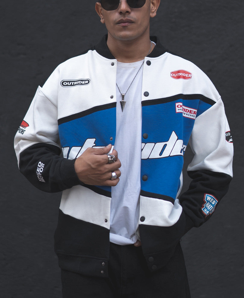 White and Blue Outrider Oversized Varsity Jacket