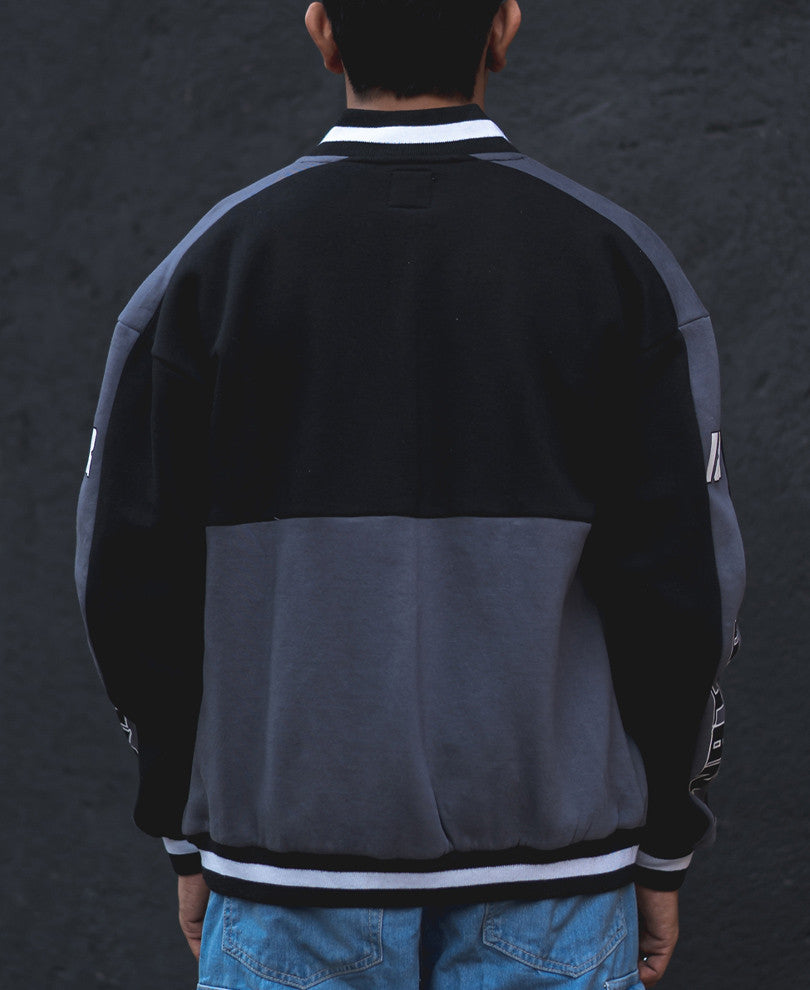 Grey and Black Rebel Oversized Varsity Jacket