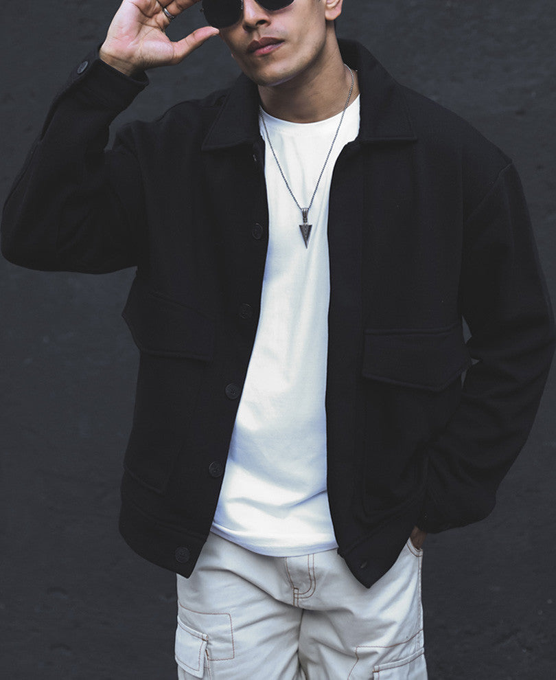 Black Plain Shacket Double Pocket Oversized Jacket