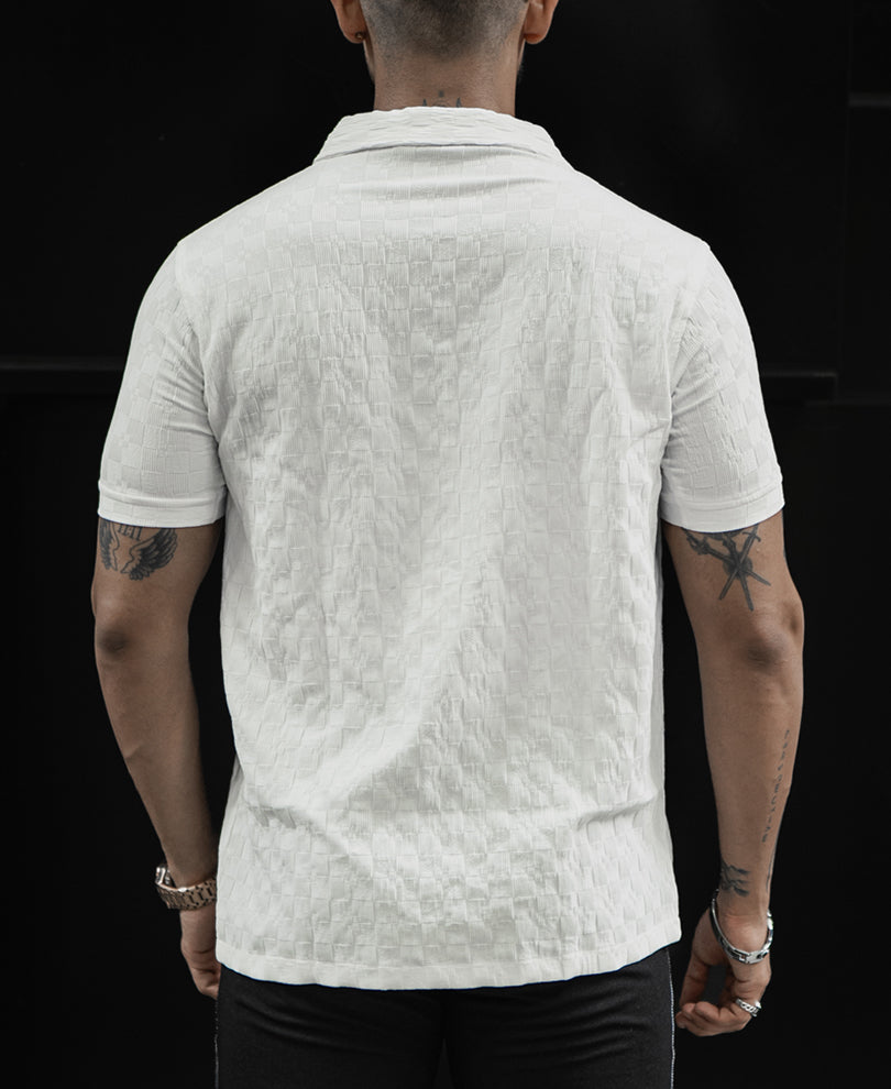 White Structured V Neck Regular Half Sleeves T Shirt