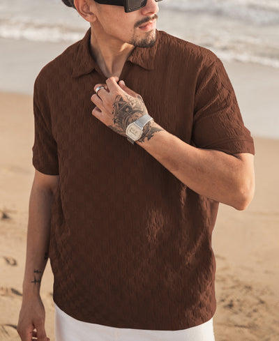 Brown Plain Structure Regular Fit Half Sleeve Collar T-Shirt