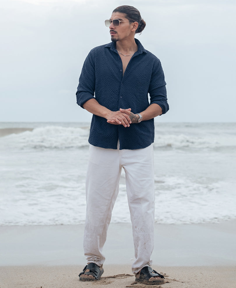 Navy Blue Regular fit Structured Full Sleeves Shirt