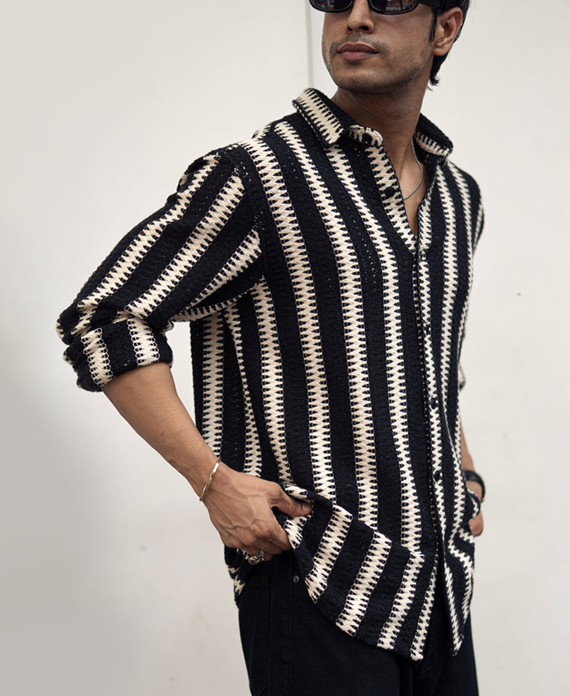 Black And White Striped Regular Fit Crochet Full Sleeves Shirt