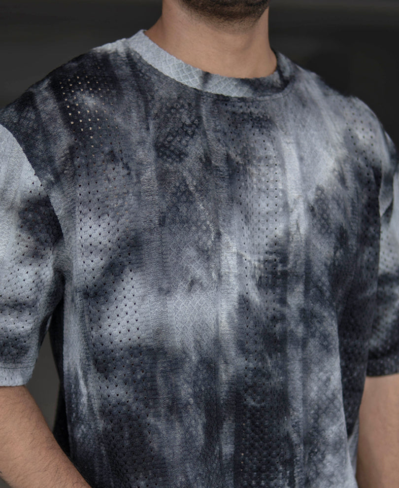 Black and Grey Oversized Tie Dye Printed Half Sleeves T Shirt