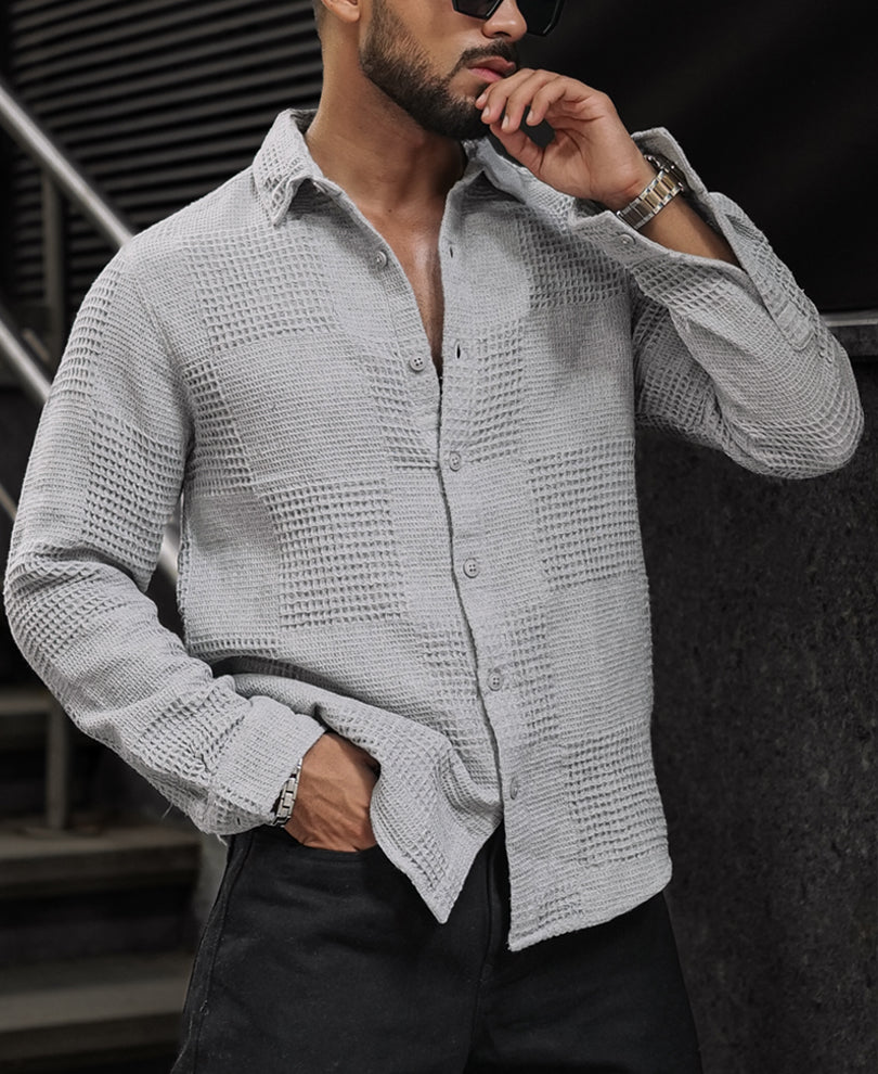 Grey Waffle Structure Regular Fit Full Sleeves Shirt
