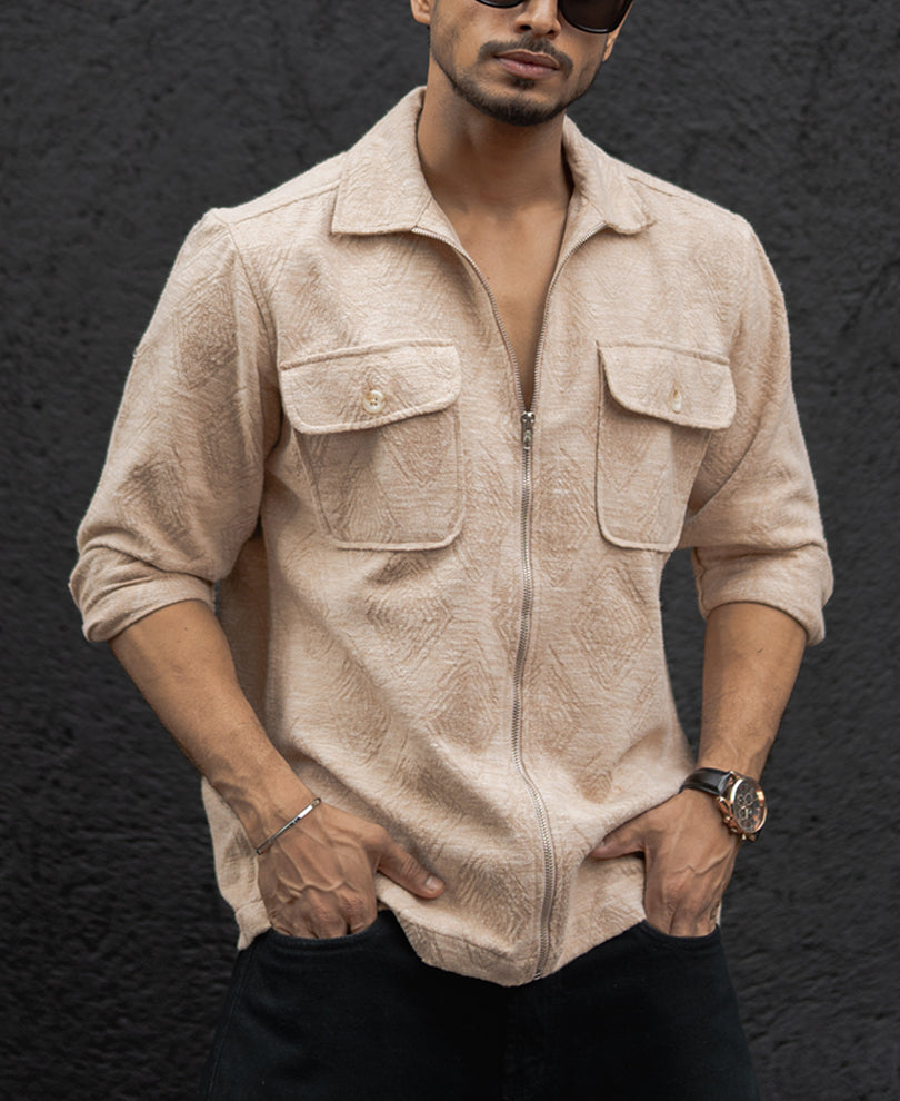 Dark Fawn Regular Fit Full Sleeves Shirt With Zip