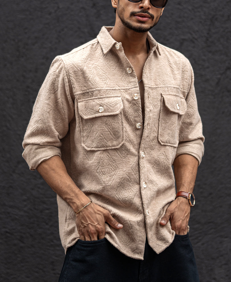 Light Khaki Regular Fit Full Sleeves Shirt With Double Pocket