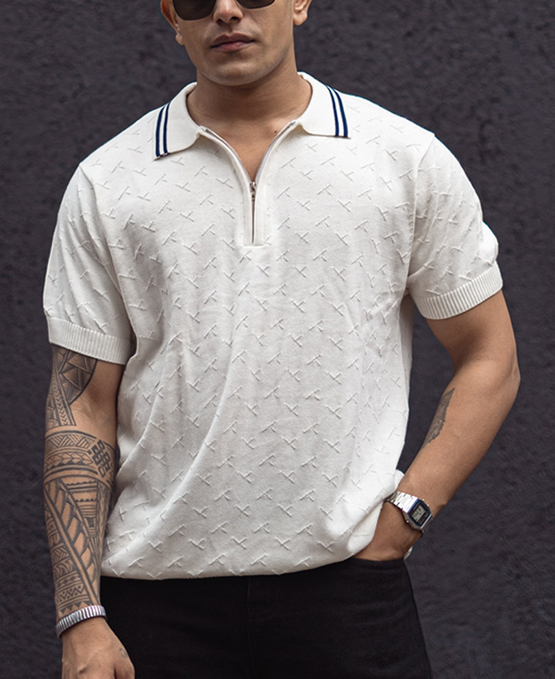 White Structured Regular Fit Half Sleeves Zipper T Shirt