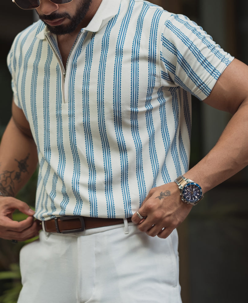 Off White Striped Regular Fit Half Sleeve T-Shirt with Zipper