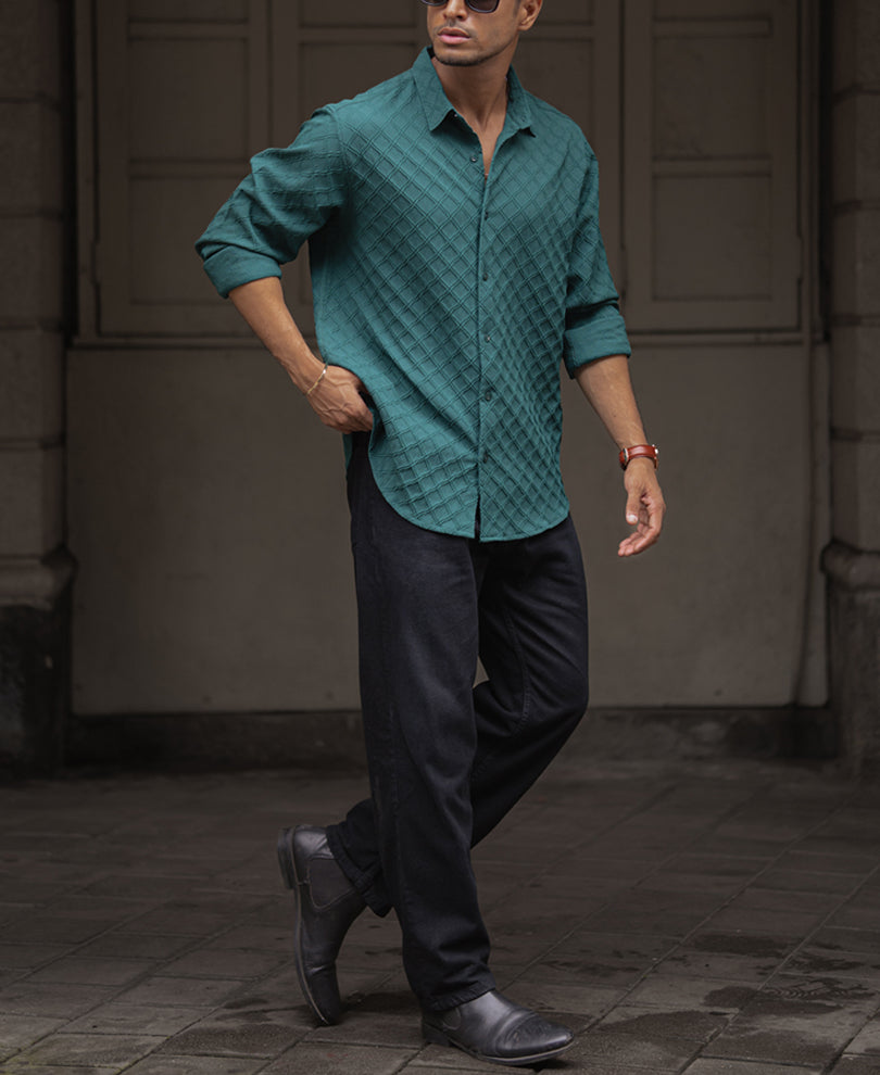 Green Plain Structured Regular Fit Full Sleeves Shirt