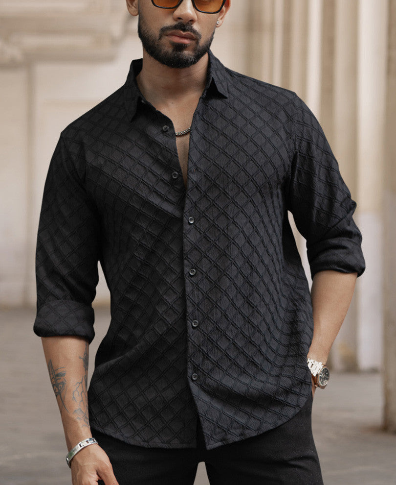 Black Structured Regular Fit Full Sleeves Shirt