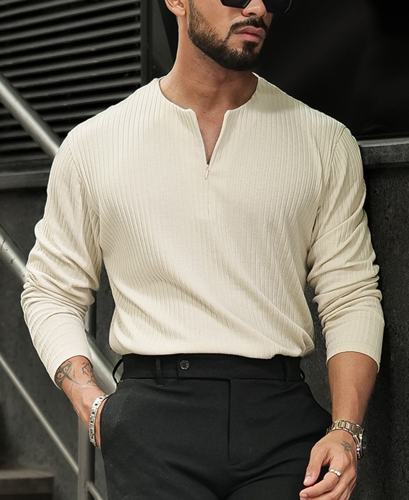 Light Beige Regular Fit Full Sleeves Tshirt