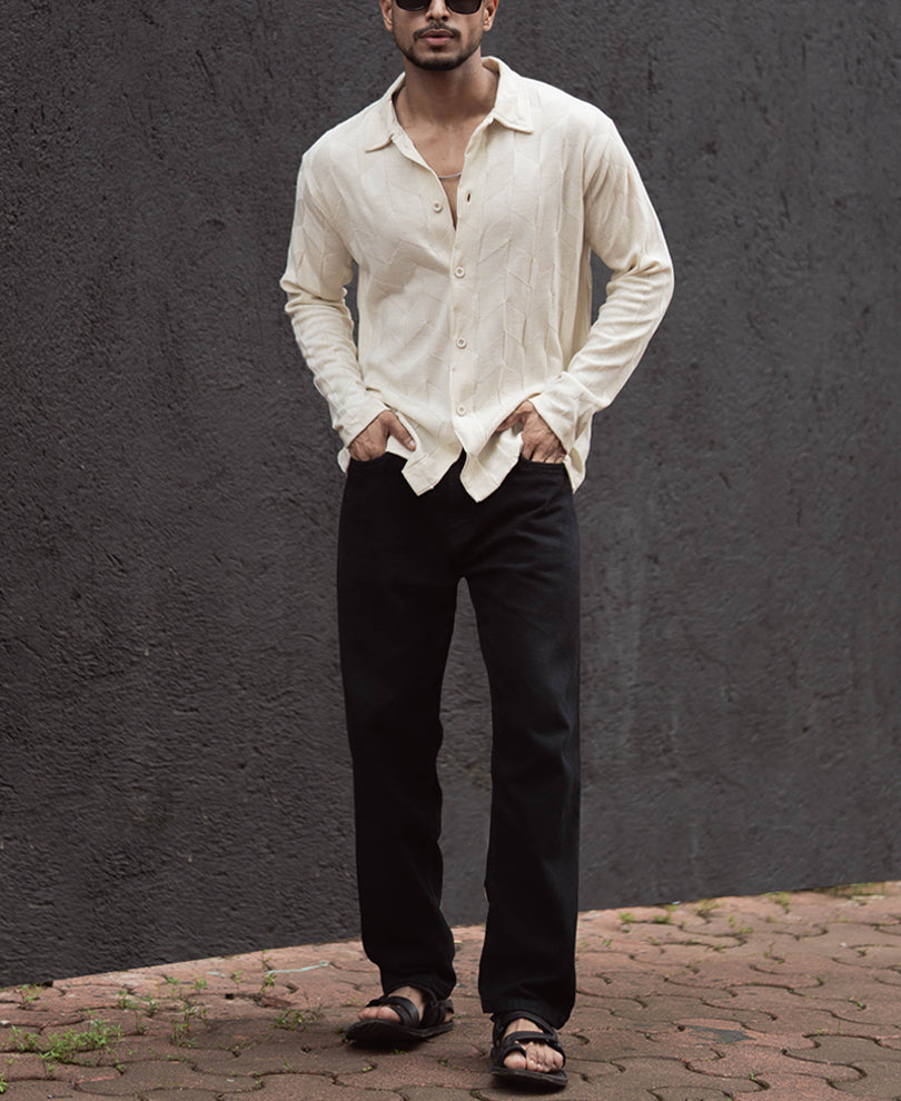 Off White Regular Fit Full Sleeves Shirt