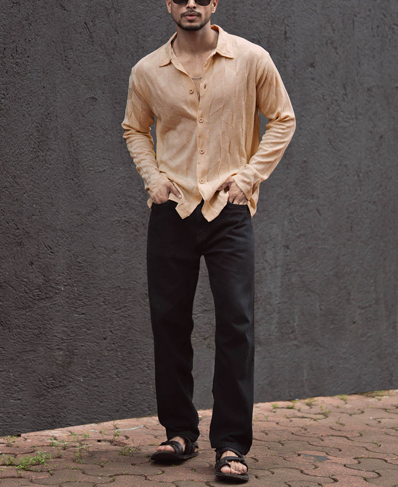 Beige Structured Regular Fit Full Sleeves Shirt