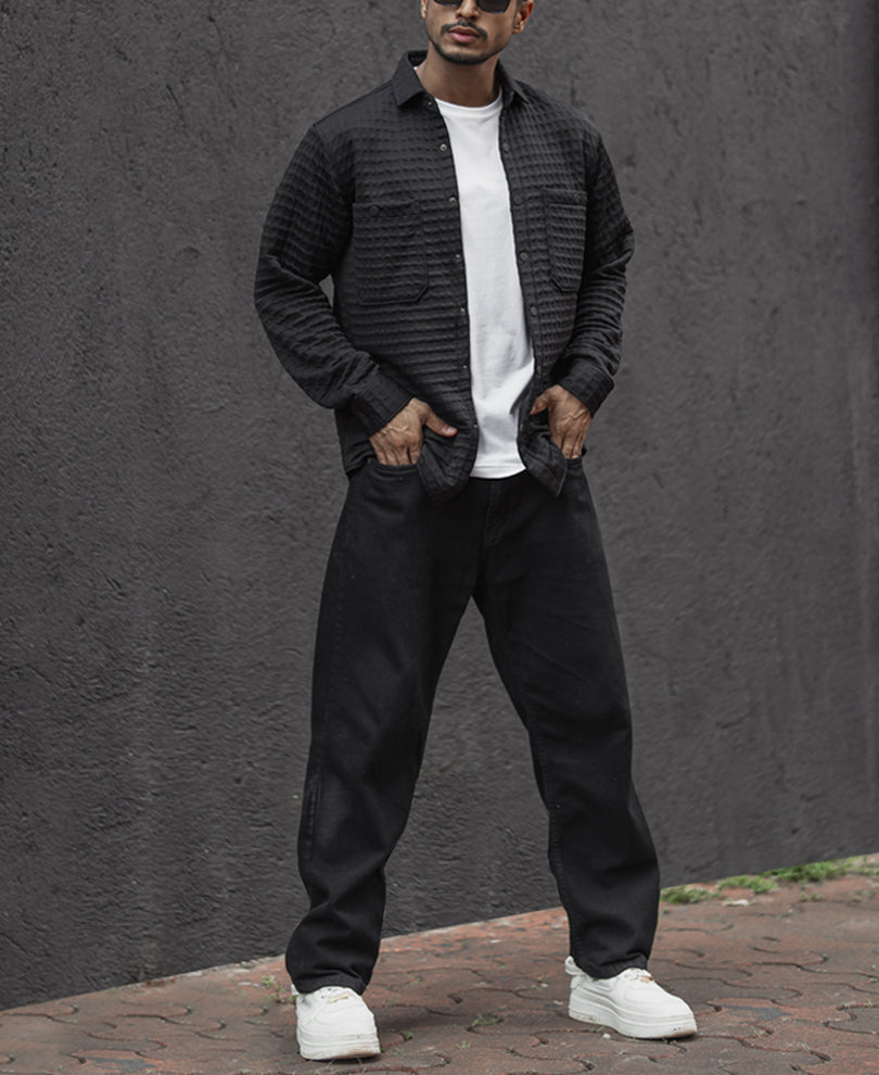 Black Solid Structure Regular Fit Full Sleeves Shirt