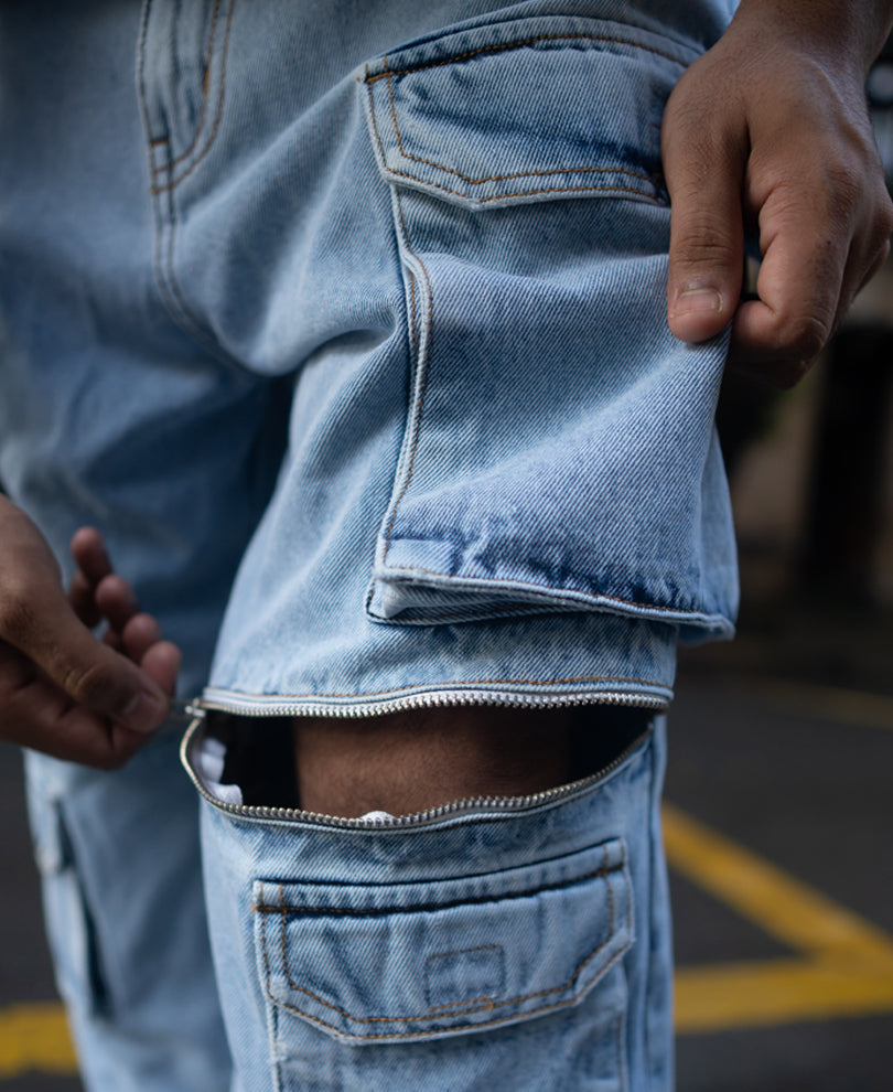 Ice Blue Baggy Fit Cargo Jeans