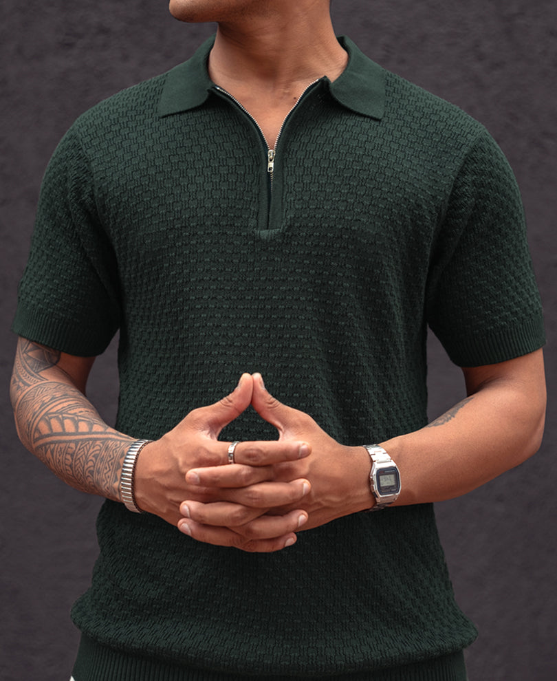 Green Knitted Regular Fit Half Sleeves Zipper T Shirt