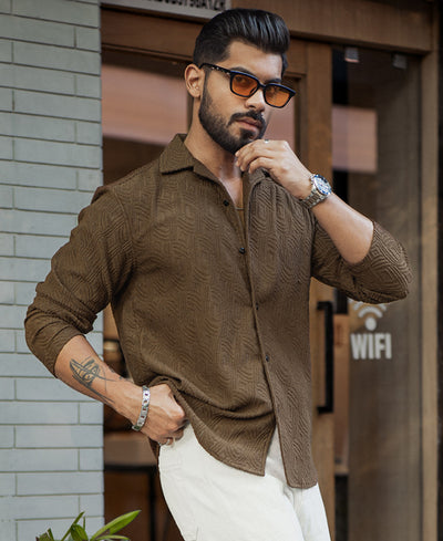 Brown Regular Fit Structured Full Sleeves Shirt