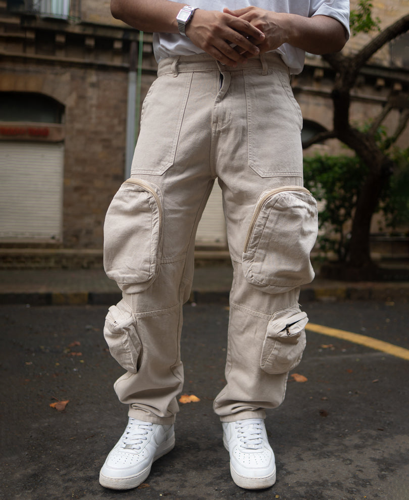 Off White Multi Pocket Baggy Fit Cargo Jeans