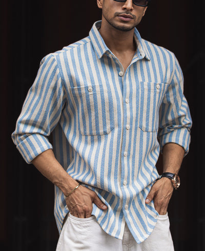 Blue And White Stripes Regular Fit Full Sleeves Shirt
