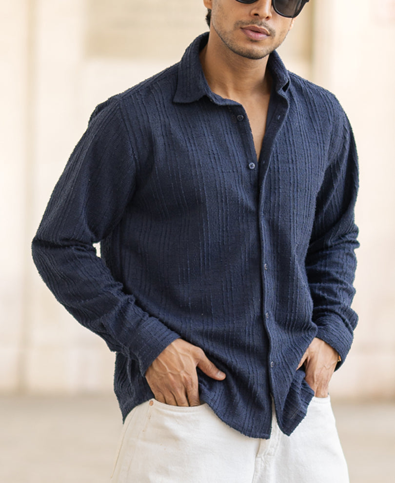 Navy Blue Structured Full Sleeves Shirt